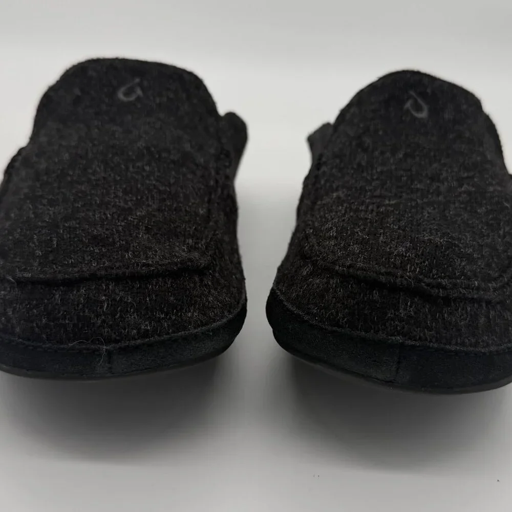 Olukai Moloa Hulu Slippers Mens 10 M Black Gray Wool Slip On Lounge Casual Shoes